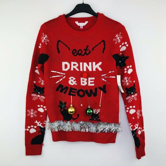 No Boundaries Sweaters - No Boundaries Junior's Small Ugly Christmas Sweater Eat Drink & Be Meowy Red NWT